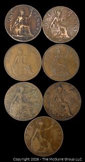 Seven (7) British Penny Coins 1908 1917 1921 1927 1938 1938 1938