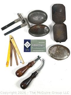 Grouping of Vanity Items Including Double Edged Razors, Emory Boards and Metal Boxes