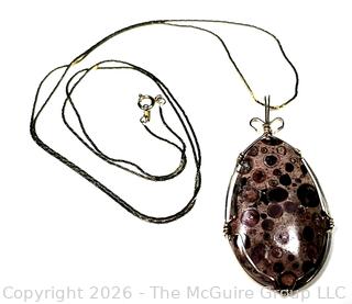 14K Gold Wire Wrapped Ocean Jasper Agate Pendant on 14KT Gold Chain Necklace, Tested