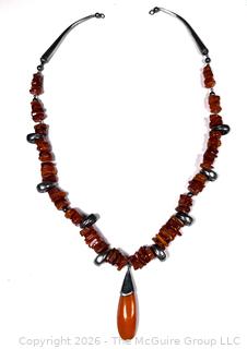 Honey Amber and Silver Tribal Pendant Necklace
