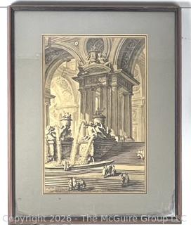 Framed Under Glass Lithograph of  Colonnades Fountain by Giovanni Battista Piranesi. 18" x 22"
