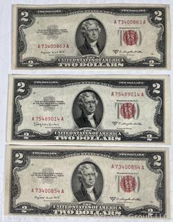 Three (3) United States Two Dollar Bill Red Seal Banknotes