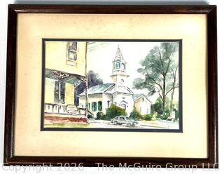 Framed Under Glass Watercolor of Church Signed by Artist Laura Chirillo. 1985. 13" x 17".