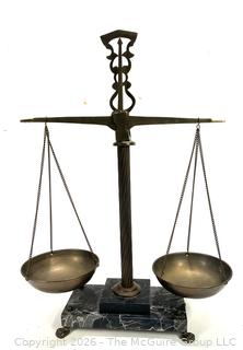 Tall 19th Century Brass Beam Balance Scale on Marble Base, 19" tall.
