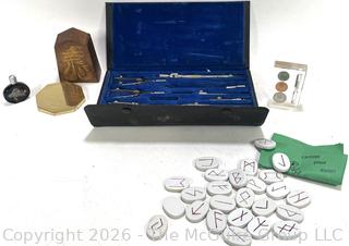 Doric Mechanical Compass Set In Box, British Coin Egg Timer, Rune Stones and Art.