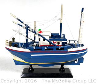 Blue Hand Made Wooden Fishing Boat Model on Stand