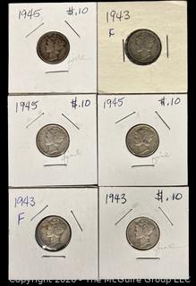 Six (6) 1943 & 1945 US Mercury Silver Dime Coins