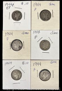 Six (6) 1944 US Silver Mercury Head 10 cent Coins