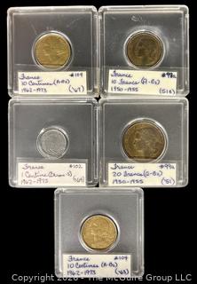 Five (5) French Coins. Various Dates and Denominations