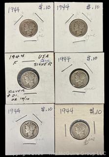 Six (6) 1944 US Silver Mercury Head 10 cent Coins