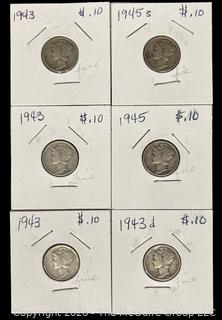 Six (6) 1943 & 1945 US Silver Mercury Head 10 cent Coins
