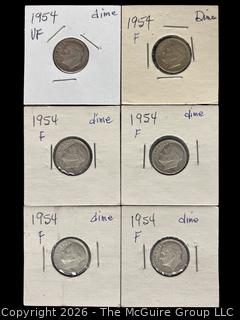 Six (6) 1954 US Silver Roosevelt Head 10 cent Coins