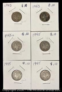 Six (6) 1943 & 1945 US Silver Mercury Head 10 cent Coins