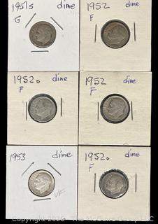 Six (6) 1951, 1952 & 1953 US Roosevelt Silver Dime Coins