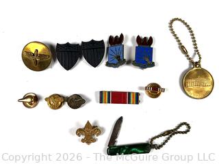 Collection of Military Pins, US Capital Key Chain and Pocket Knife