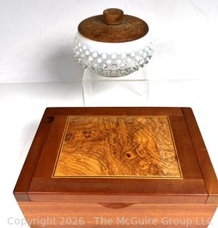 Burlwood Jewelry Box and Hobnail Milk Glass Jar.