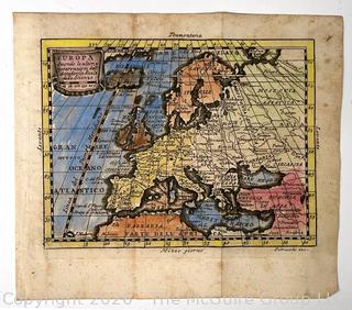 Unframed Hand Colored Map of Europe.  8" x 7"