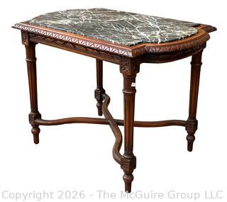 French Louis XVI Walnut Console Table with Green Marble Top.  19" x 28" x 21"