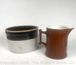 Brown Shenango Pottery Pitcher and Slip Glaze Stoneware Crock