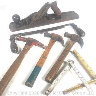 Collection of Hand Tools Including Stanley Bailey No. 6 Fore Plane, Hammers, Folding Rulers, Spoke Shaver