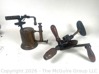 Group of Hand Tools Including Blow Torch and Hand Drill