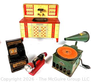 Collection of Vintage Tin Toys Including Cash Register, Wash Basin and Victrola.  Rust and some damage.