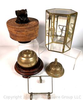 Desk Bell, Brass Tibetan Jar, Glass Case and Lidded Basket