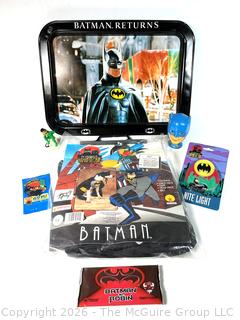 Collection of Batman Collectibles Including Tray, Dog Costume and Trading Cards