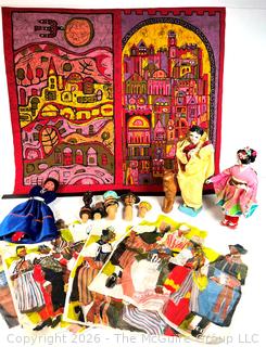 Group of Souvenir Items Including Cork Stoppers, Linens and Dolls