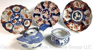 Three (3) Japanese Imari Porcelain Plates and Blue & White Decorative Jars