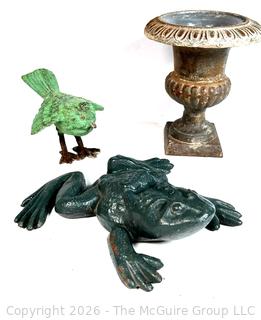 Cast Iron Garden Items Including Frog, Planter and Bird