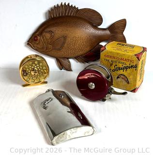 Fishing Reels, Orvis Flask and Grain Bell Fish Plaque