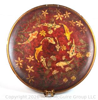Large Red & Gold Lacquer Ware Wood Bowl with Koi Fish and Stand.  26" diameter