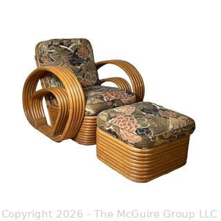 Two (2) Piece Rattan Five Strand Pretzel Streamline Club Chair and Ottoman. Paul Frankl Style for Tochiku