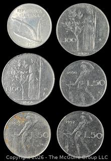 Six (6) Foreign coins in plastic holders, various dates and denominations. Italy