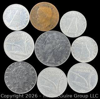 Nine (9) Foreign coins in plastic holders, various dates and denominations. Italy