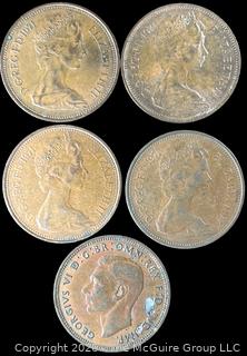 Five (5) Foreign coins in plastic holders, various dates and denominations. Great Britain 