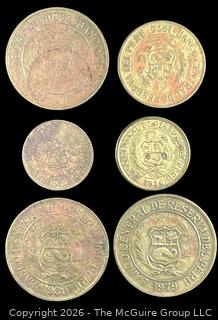Six (6) Foreign coins, various dates and denominations: Peru