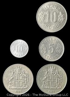 Five (5) foreign coins, various dates and denominations: Iceland
