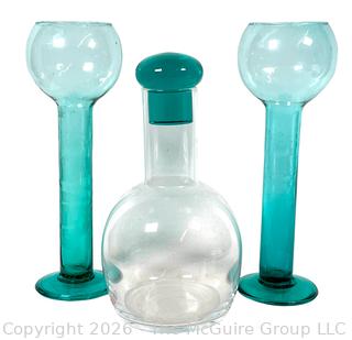 Littala Mondo Decanter Designed by Finn Kerttu Nurminen in 1988 & Pair of Matching Tall Bulbous Form Glasses 