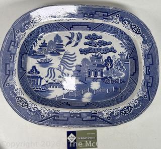 Oversized Blue Willow Iron Stone Porcelain Platter Tray. 