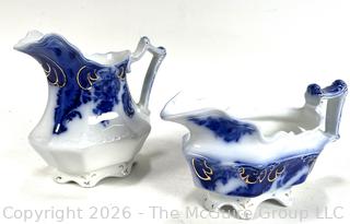 W.H. Grindley Celtic Flow Porcelain Blue Sugar & Creamer c 1897