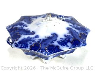 W.H. Grindley Celtic Flow Porcelain Blue Covered Casserole circa 1897