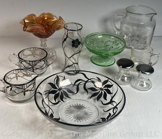 Glassware Including (4) Pieces of Vintage Heisey w/ Sterling Overlay, Depression Glass and German Crystal Salt and Pepper Set
