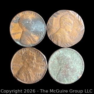 Four (4) Lincoln Penny Coins Possible Mistrikes
