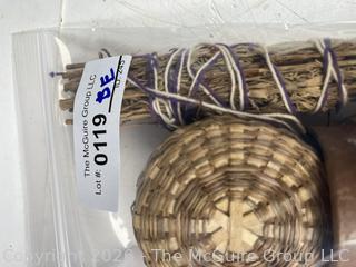 Collection of Native American Items Including Tarahumara Mexican Clay Pot, Sage Bundle, and Basket