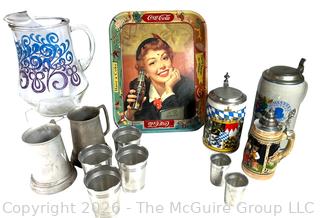 Barware Including Coca Cola Tray, Pewter Mugs, Beer Steins and Glass Pitcher
