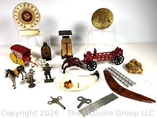 Collection Including Cast Iron Toys, Clock Keys, Scale, Thermometer and US Geological Survey Azimuth Marker
