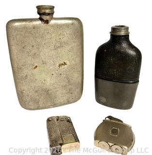 Two (2) Pewter James Dixson Flasks and Two (2) Lighters by Regens and Evans 