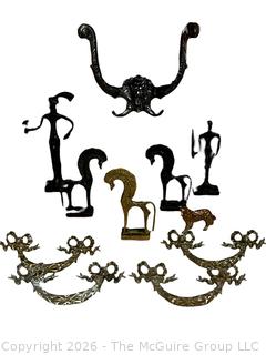 Collection of Metalware Including Drawer Pulls, Wall Hooks and Greek Statues